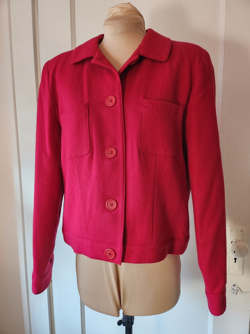 Vtg 100% Wool Cardinal Red Button-Front Bomber Jacket